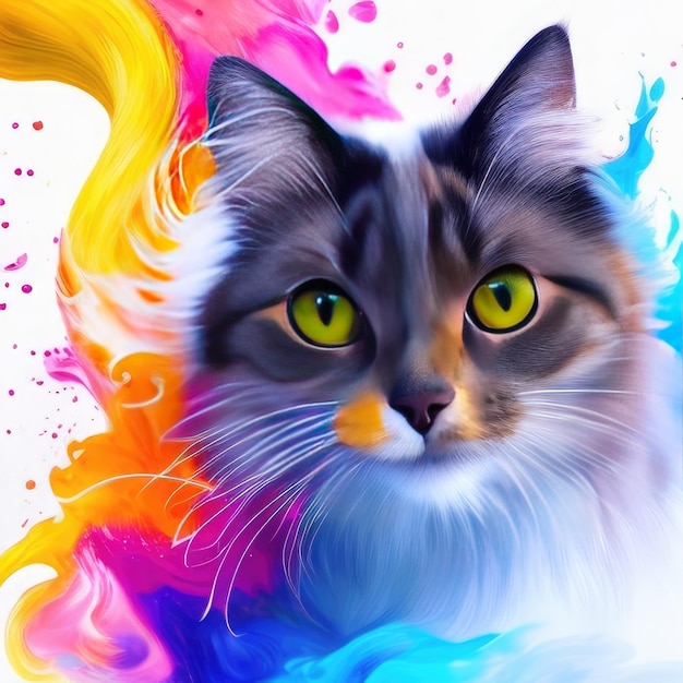 Splash art cat head look at the camera on white background ai generative