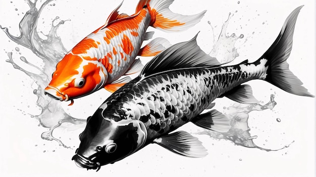 Photo splash of black ink illustration of koi fish traditional art chinese painting on white background