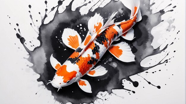 Photo splash of black ink illustration of koi fish traditional art chinese painting on white background