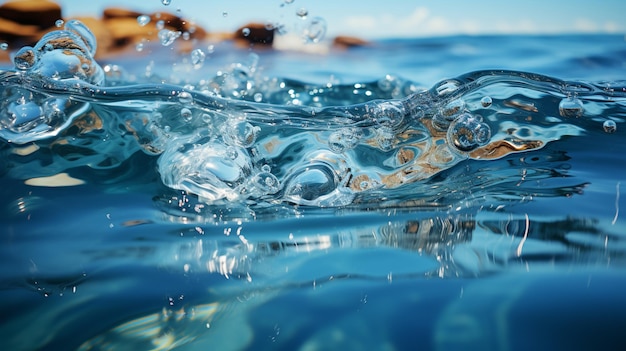 Photo splash in blue water on the surface of the wave