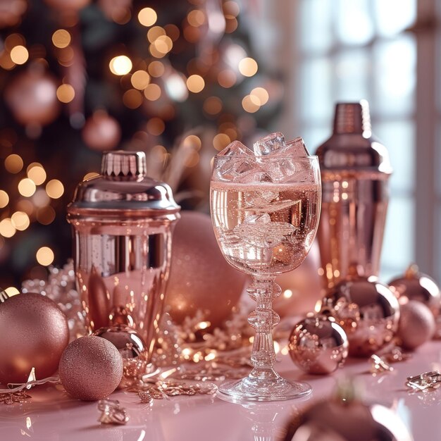 Photo splash in champagne glass cocktail glass shaker and jigger on pink table with christmas decorations