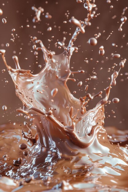 Photo a splash of chocolate milk is splashing out of a cup the image has a playful and fun mood as it captures the excitement of drinking a delicious beverage