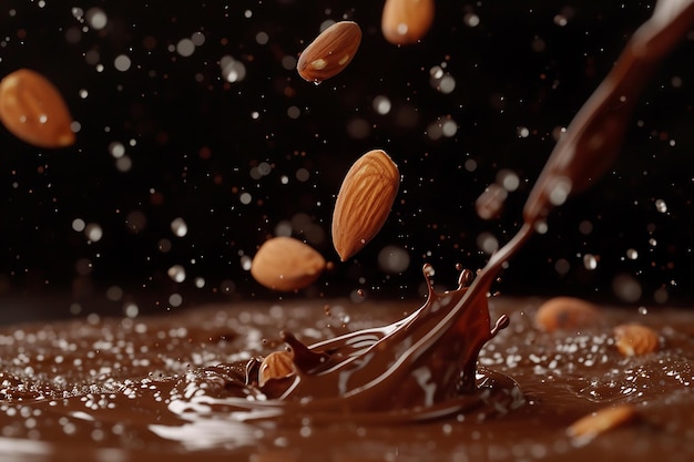 splash of chocolate with almonds on a black background closeup