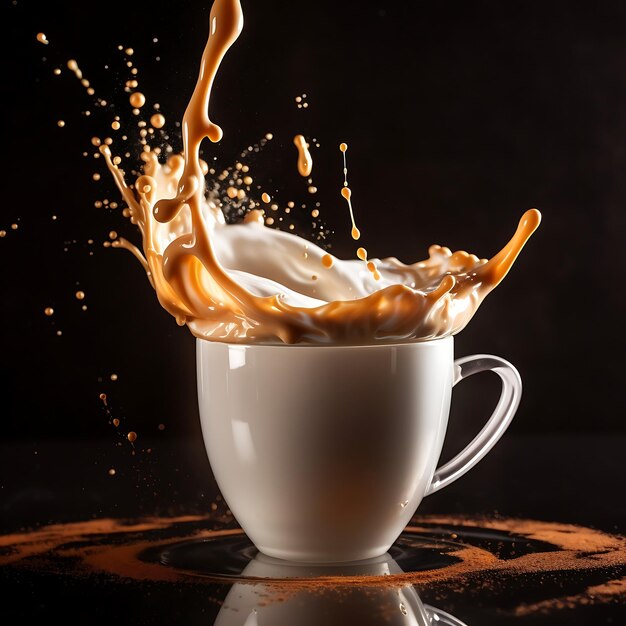 Splash of coffee and milk in white cup isolated on colorful background movement action