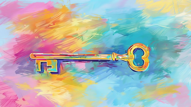 A splash of colorful abstract background with a golden key The key is positioned in the center of the image