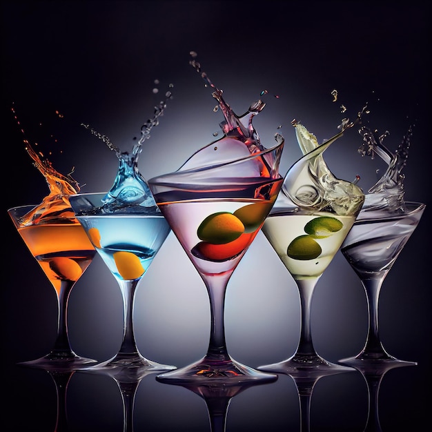 Splash of colorful cocktails in the row of glasses on the dark background made with generative AI