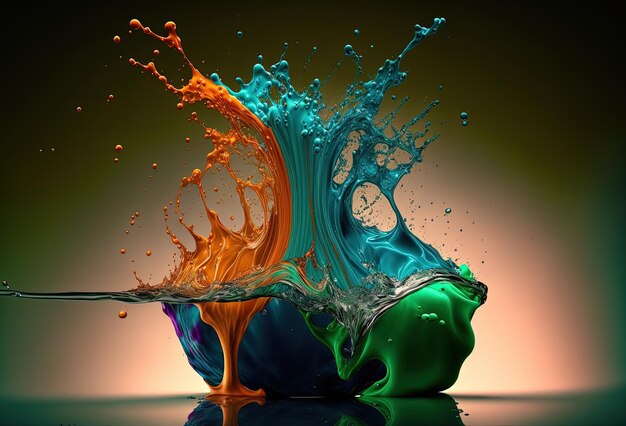 A splash of colorful liquid on a mirrored surface An explosion of paint ink An immersive abstract background 3D rendering AI generated