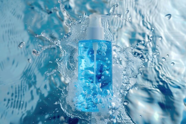 Photo splash cosmetic moisturizer water micellar toner or emulsion blue colored abstract background