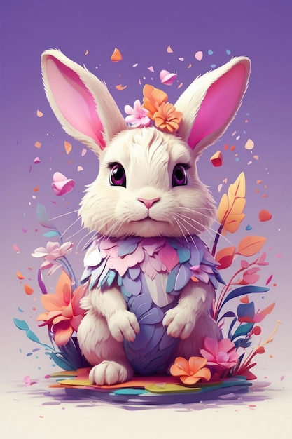 Splash of Cuteness Baby Bunny and Fantasy Flowers TShirt Illustration