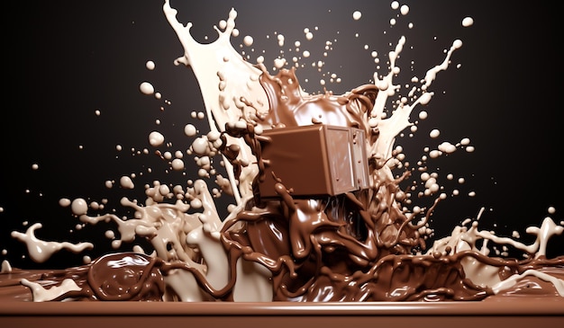 Foto splash di barretta di cioccolato scuro in cioccolata bianca per una pubblicità culinaria generata dall'ai