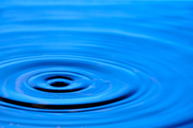 Splash drop of water with diverging water circles on blue background