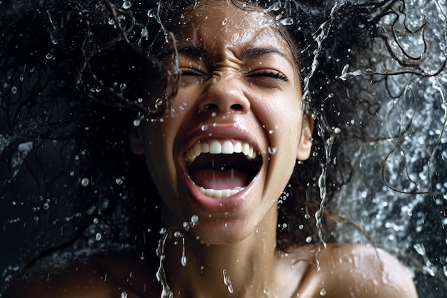 Foto splash gocce d'acqua diffuse sul viso emozione ragazza ia generativa