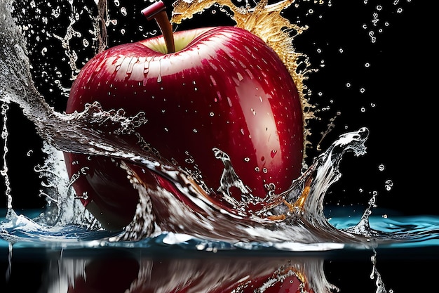 Splash explosion one big red apple is falling into the water close up water is splashing radially