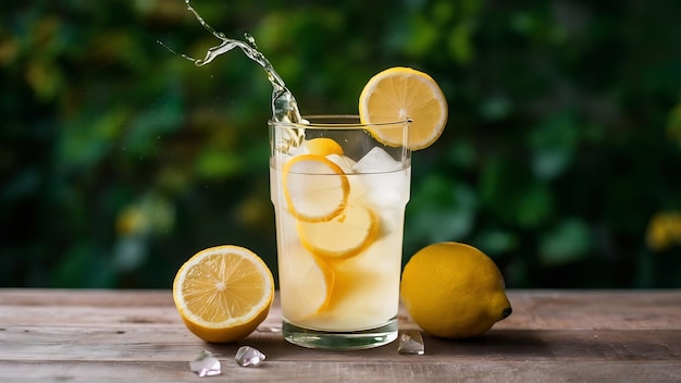 Splash fresh lemonade inside transparent glass with ice cubes isolated on white