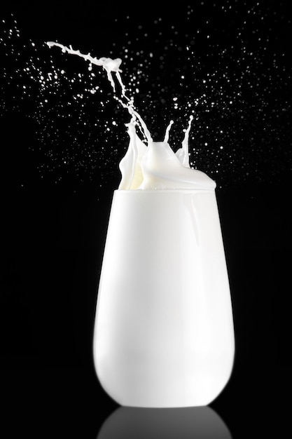 Splash in a glass with milk isolated on black background