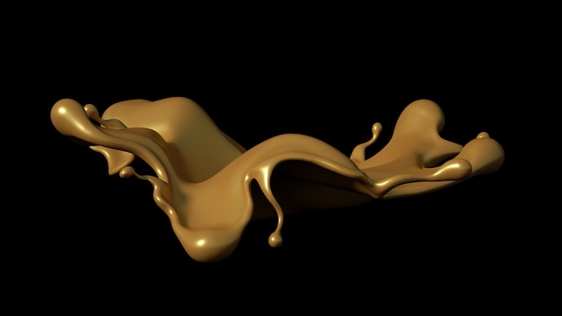 Всплеск золотой карамели на черном фоне. 3D иллюстрации, 3D-рендеринг.
