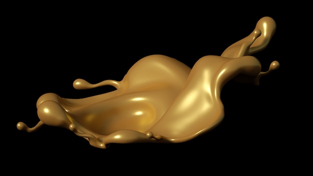 Foto una spruzzata di caramello dorato su sfondo nero. illustrazione 3d, rendering 3d.