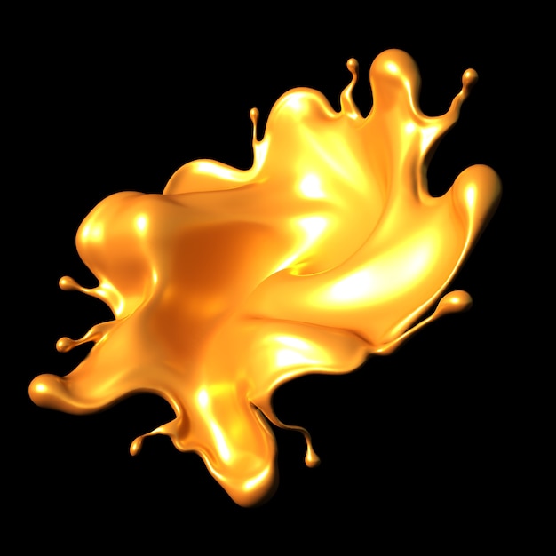 Una spruzzata di caramello dorato su sfondo nero. illustrazione 3d, rendering 3d.