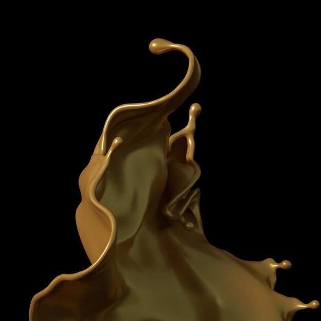 A splash of golden caramel on a black background. 3d illustration, 3d rendering.