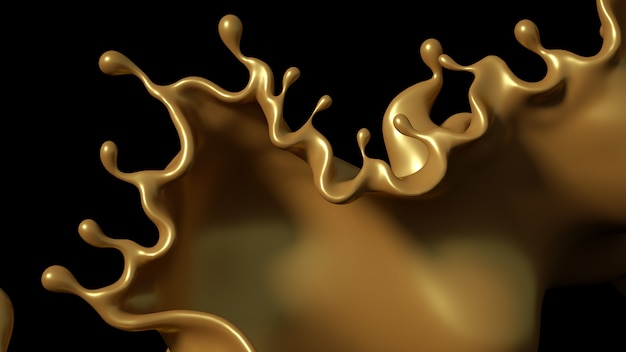 A splash of golden caramel on a black background. 3d illustration, 3d rendering.