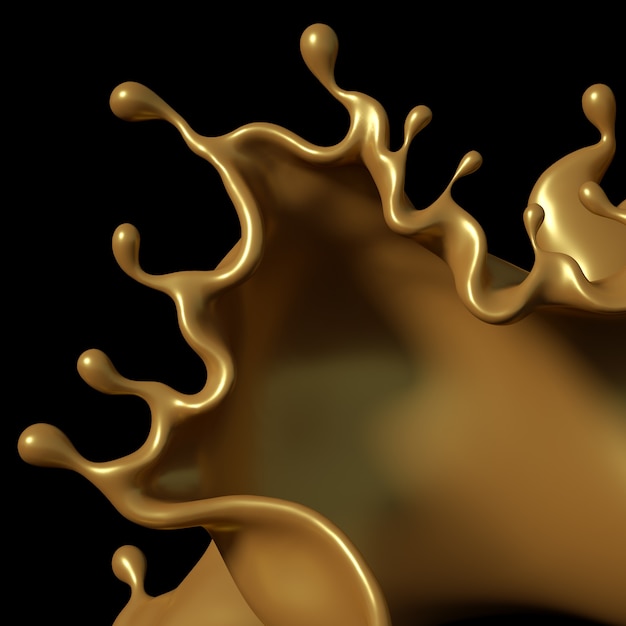 A splash of golden caramel on a black background. 3d illustration, 3d rendering.