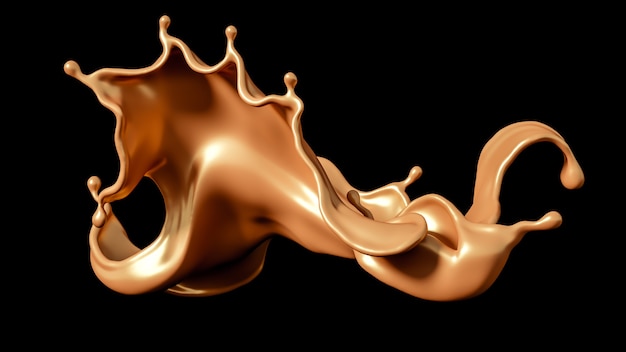 A splash of golden caramel on a black background. 3d illustration, 3d rendering.