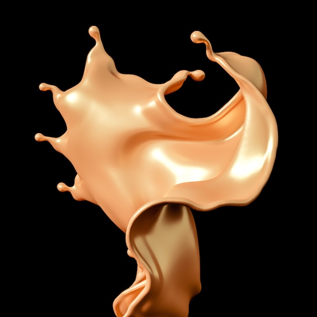 A splash of golden caramel on a black background. 3d illustration, 3d rendering.