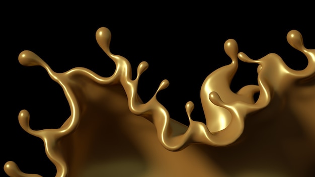 Splash of golden caramel on a black background 3d illustration