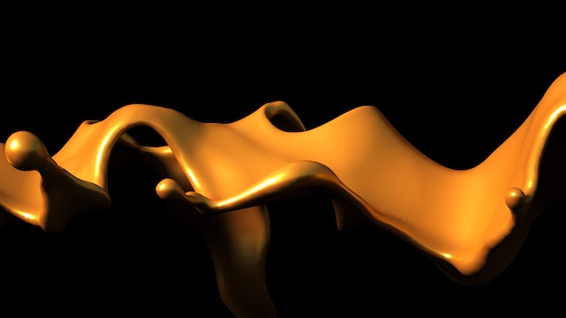 Splash of golden caramel on a black background in 3d illustration