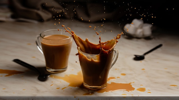 Photo splash of hot chocolate with marshmallows