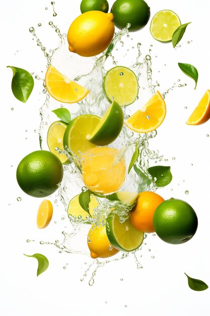 a splash of lemons and limes in water with the limes on the bottom