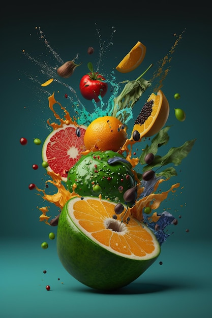 Splash levitatie van biologisch voedsel verse groenten en fruit selectie