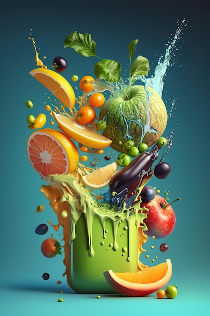 Splash levitation of organic foods fresh vegetables and fruits selection