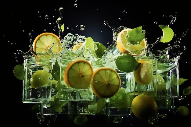 a splash of limes and limes in a glass of water