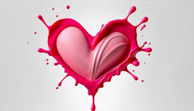 Всплеск жидкого розового крема из клубничного сока в форме сердца, выделенного на белом фоне