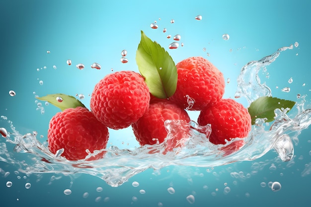 Splash lychee fruits falling into water