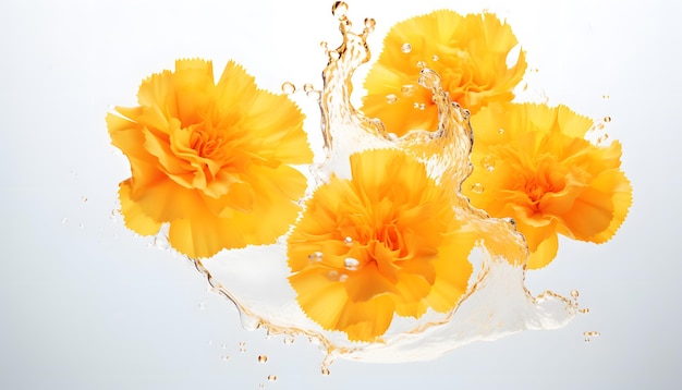 Splash marigold flowers falling into water