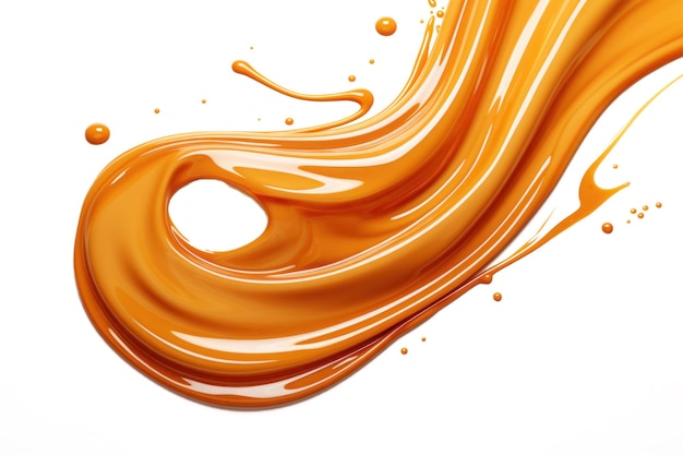 Splash of melted caramel sauce isolated on transparent background Brown toffee wave splashing with droplets Tasty confectionary