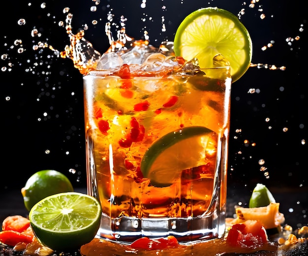 Photo splash of michelada with drops on dark background