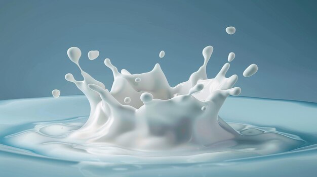 The splash of milk or dripping of milk in a crown with drops in various directions is a realistic modern illustration for packaging design isolated on a blue background