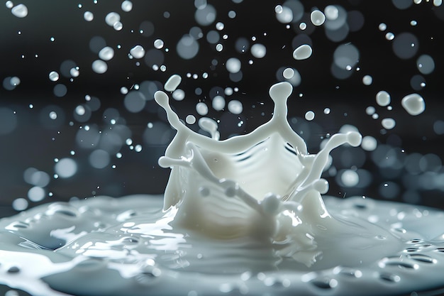 Photo a splash of milk is being made into a liquid that is falling into the water and creating a crown an