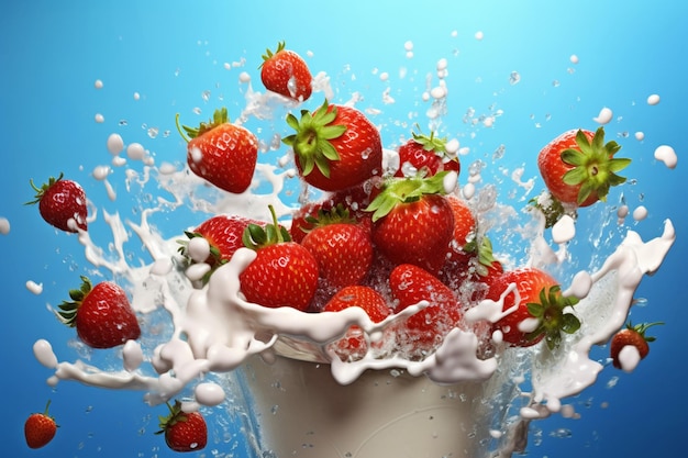 A splash of milk is being poured into a glass of strawberry milk.