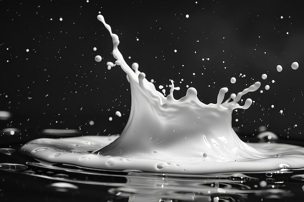 A splash of milk is seen in this black and white photo of water droplets on a black background