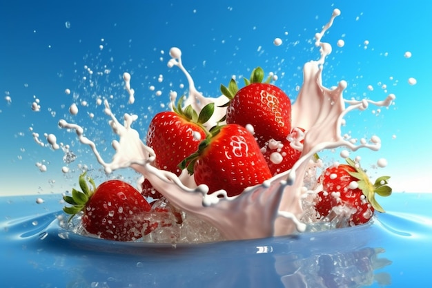 A splash of milk is shown with a strawberry in the middle.