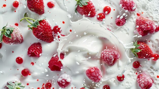 Splash of milk is splashed on strawberries