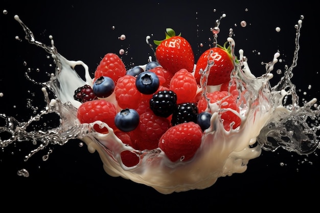 A Splash of Milk with Berries on a Dark Background Generative AI