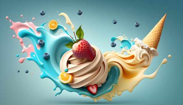 A splash of milk with a scoop of vanilla ice cream and a strawberry generative ai