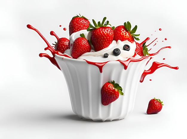 Splash milk or yogurt topped with strawberries isolated on white background ai generative
