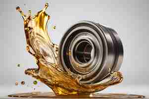 Photo a splash of motor oil gear oil with an engine part on a white background