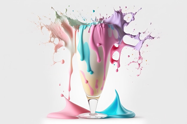 Splash multicolored ice cream in a glass bowl Splash and drops of cream milkshake Abstract illustration of pastel colors on a white background AI generated